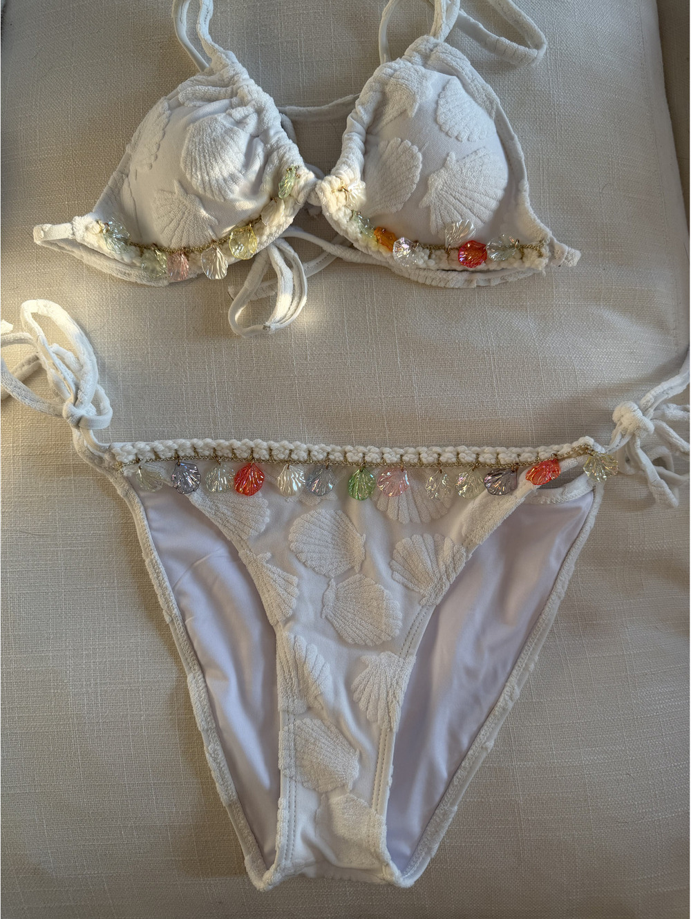 White Embroidered Bikini Set with Colorful Shell Accents